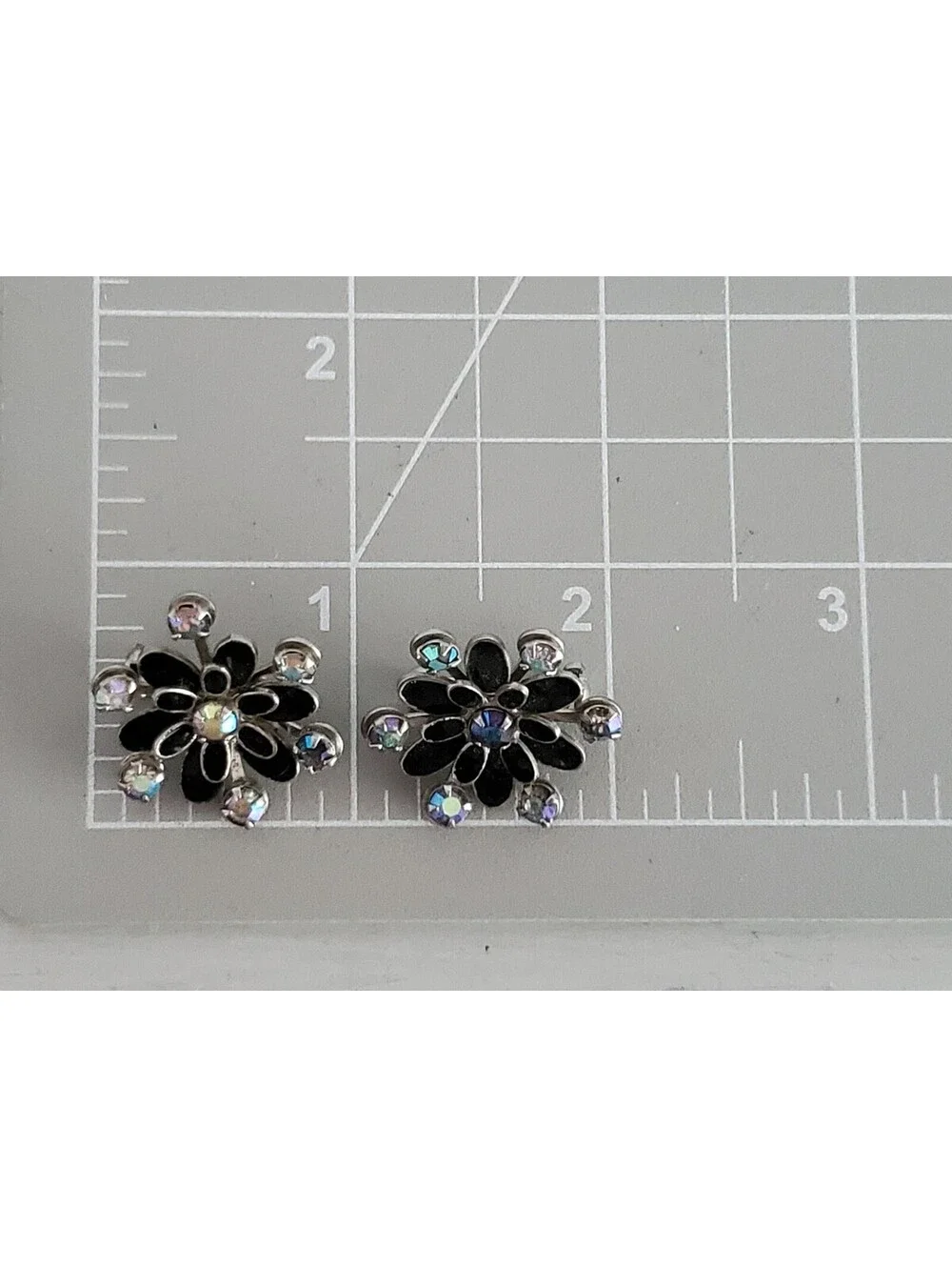 Vintage Pair of Mini Black Enamel AB Floral Brooches Pins